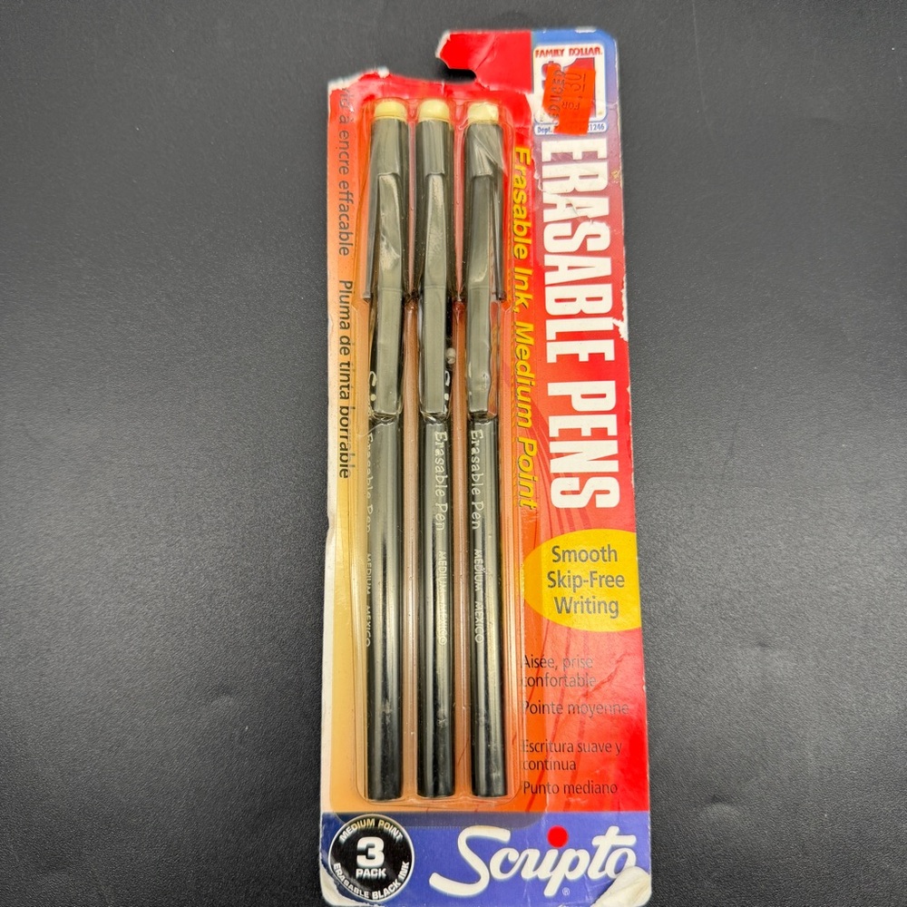 Vintage Scripto Erasable Pens Black Ink 3 Pack Medium Point New Old Stock